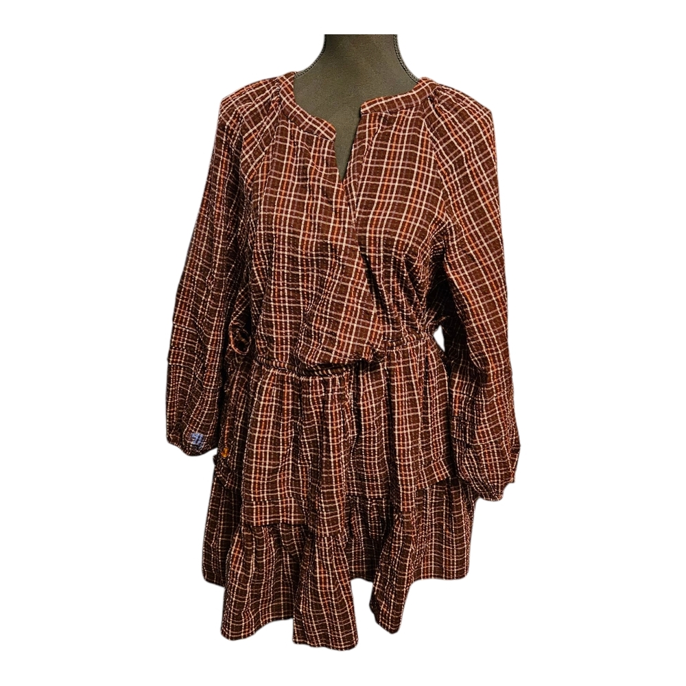 Madewell Long Sleeve Plaid Brown Tiered Dress Petite Extra Large NWT